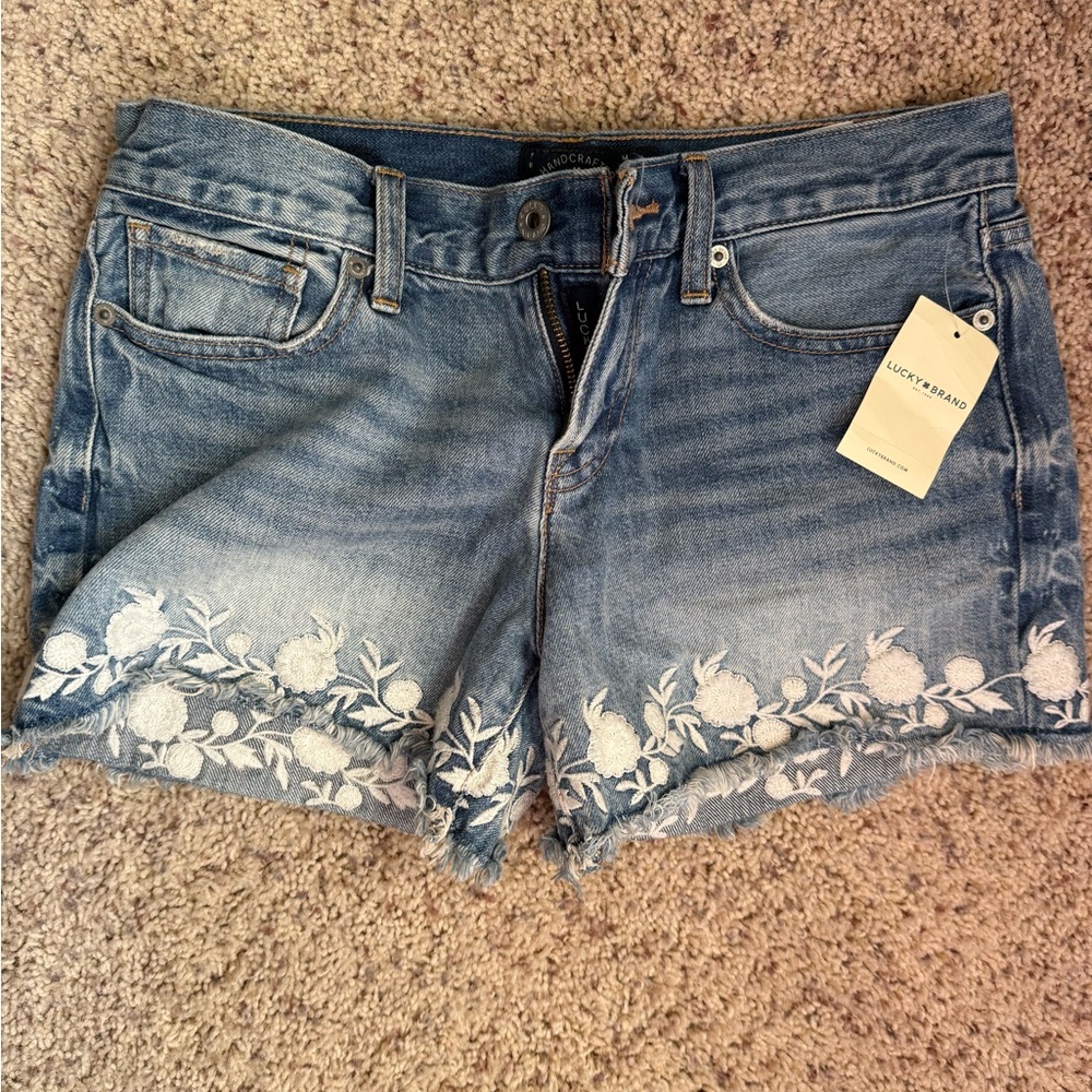 Lucky Brand Light Blue Denim Shorts with White Floral Embroidery